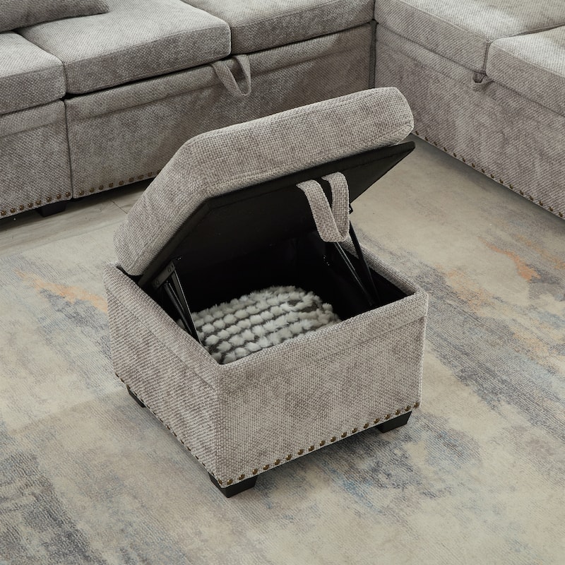 L-Shaped Chenille Sectional Sofa with Pull-Out Bed, Upholstered Convertible 7-Seater Sofa with Storage Ottoman & 2 Pillows