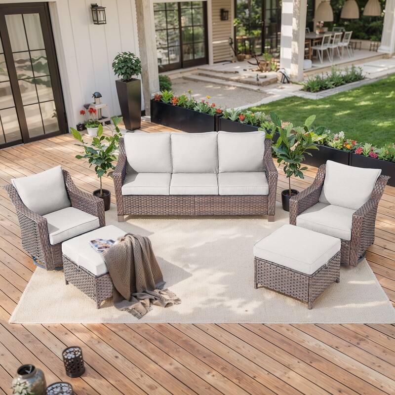 Outdoor Patio Sofa & Swive Chail with Ottoman - Beige - Brown