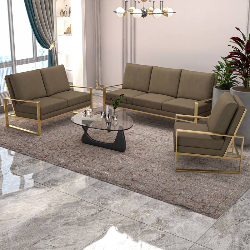 LeisureMod Modern 3-Piece Upholstered Velvet Sofa Set - Includes Sofa, Loveseat & Accent Chair for Home Office Living & Bed Room