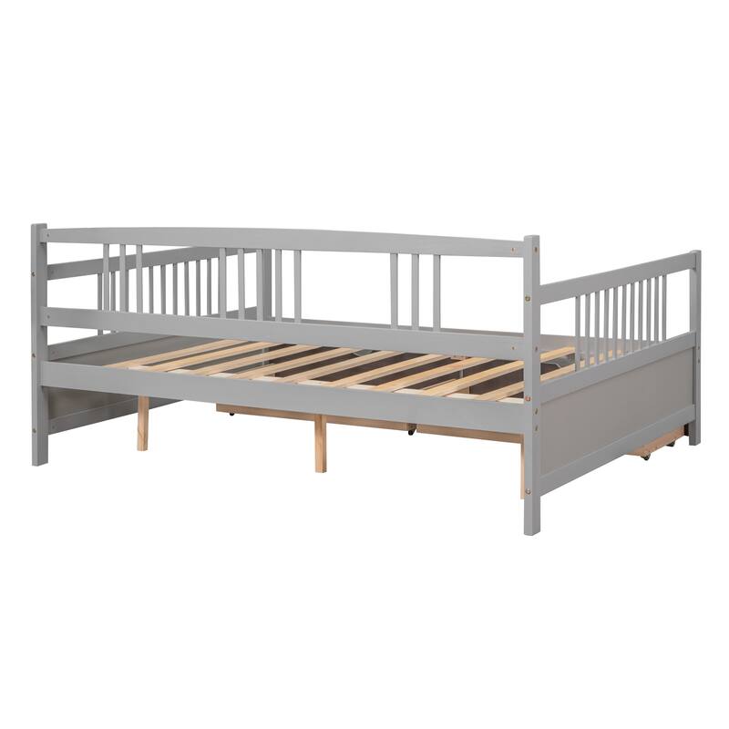 Wood Bed Full Size Daybed with 2 Drawers, Storage Platform Bed Sofa Bed with Side Rails for Bedroom, Living Room