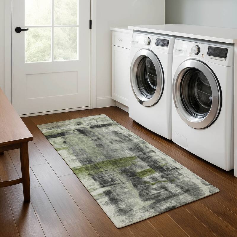 Premium Washable Super Soft Abstract Glam Mayfield Rug - Olive - 2'3" x 7'6"