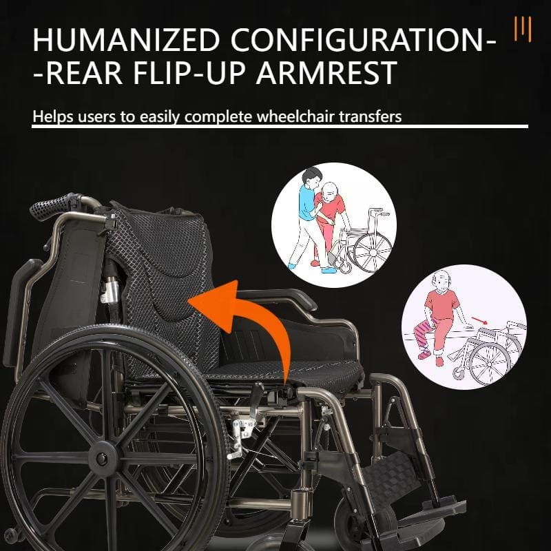 Aluminum Alloy Transport Wheelchair. 18" Seats. With front and Rear Locking Hand Brakes. 24" Quick Remove Rear Wheel - Dark Gray