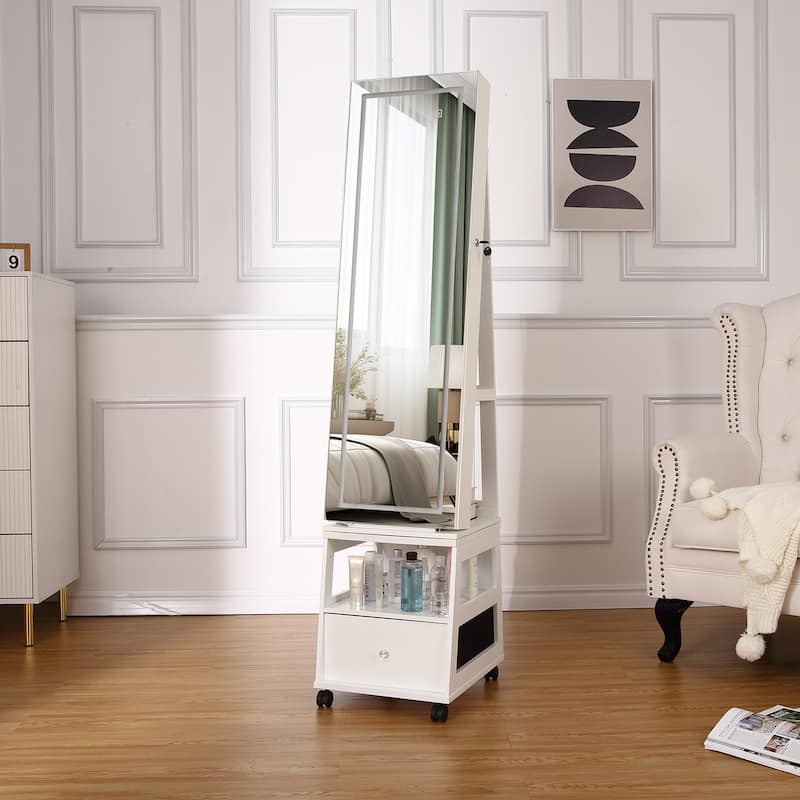 LED Vanity Mirror with Jewelry Storage Drawer, Shelf, Wheels