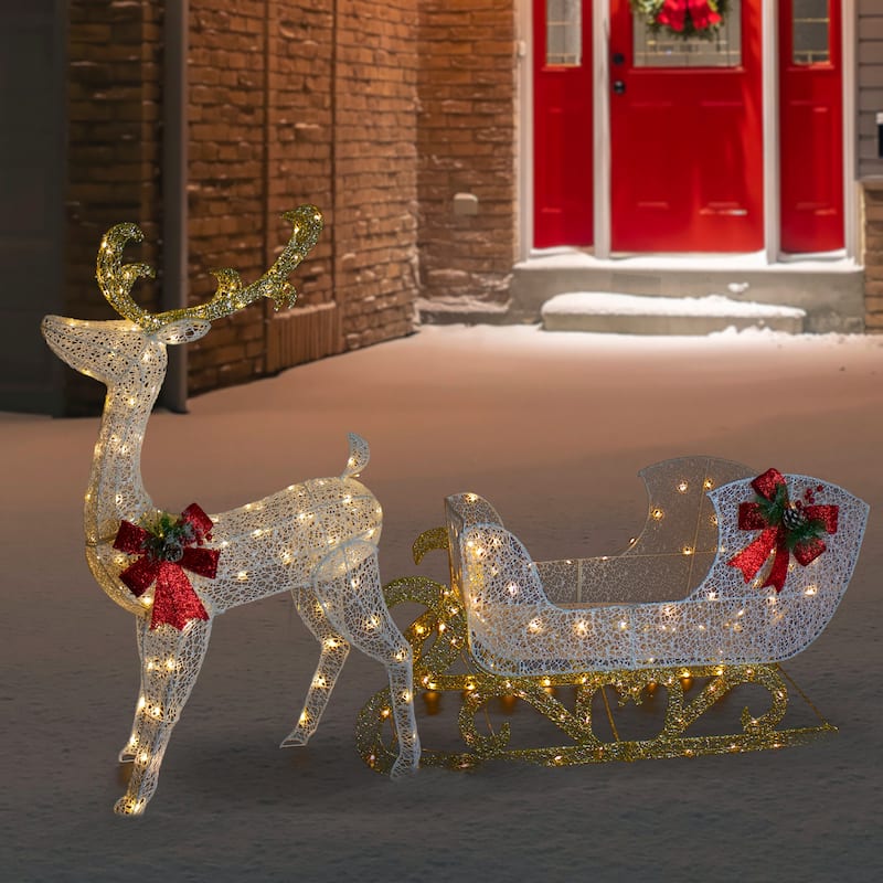 48" LED Glitter Reindeer with Sleigh Outdoor Christmas Decoration - White