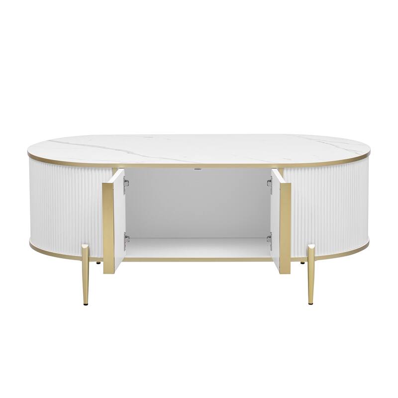 Modern Luxury Oval Grooved Coffee Table Marble Texture Coffee Table with 2 Cabinets Metal Legs for Living Room, White