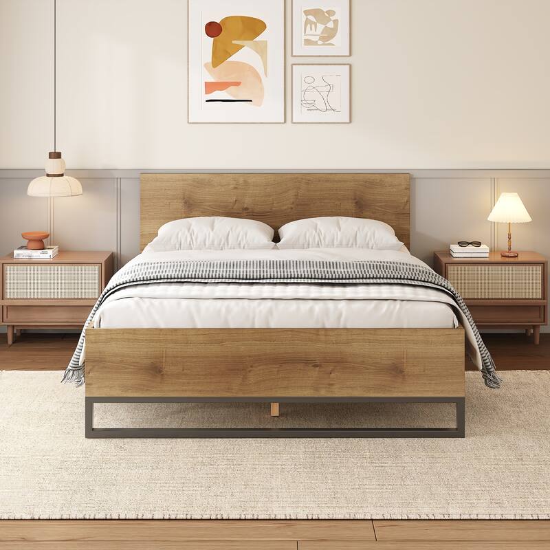Platform Bed Wood Frame with Metal Forefoot and Wood Slat Supports, Low Profile Bed with Panel Headboard Footboard