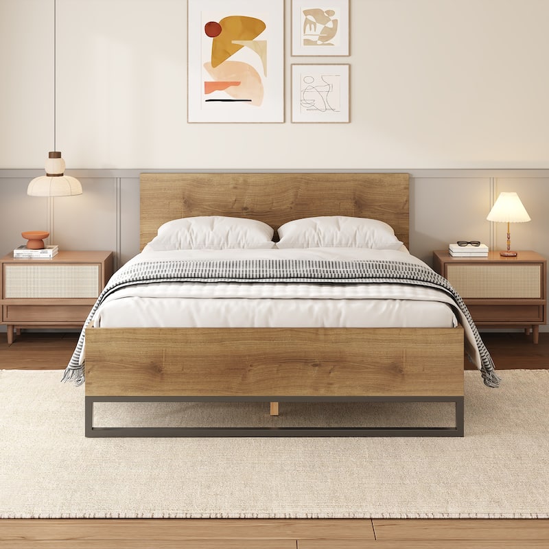 Queen Size Engineered Wood Bed Frame in Natural & Black, Geometric Headboard Design