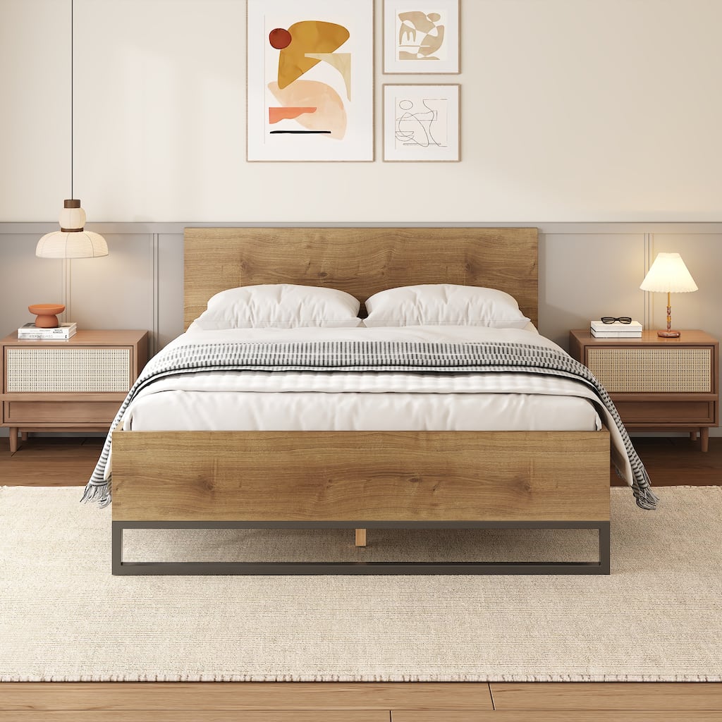 QueenSize Engineered Wood Bed Frame with Natural and Black Color, Geometric Headboard, Easy Assembly