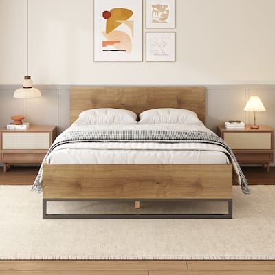 Solid Wood Rustic Platform Bed with Headboard, Wooden and Metal Bed Frame, Wood Slats Support, No Box Spring Needed