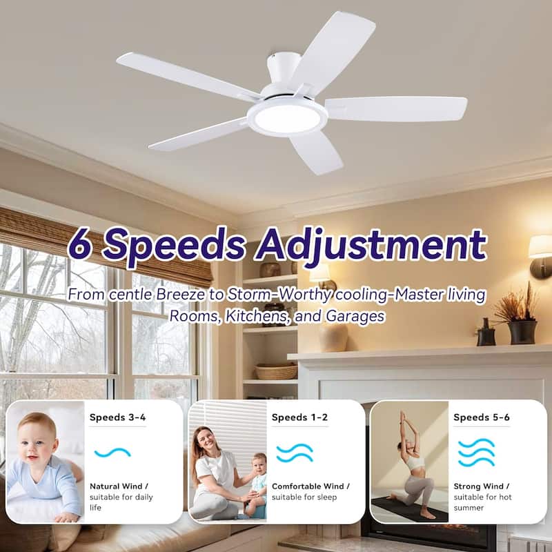 52/54 Inch Flush Mount Low Profile Ceiling Fan with Light,Remote and App Control