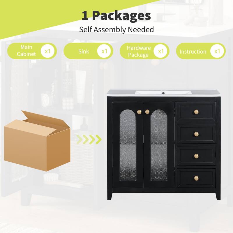 Bathroom Vanity with Ceramic Sink, Bathroom Cabinet with 2 Glass Door and 3 Drawers, Vanity Set with Adjustable Shelf
