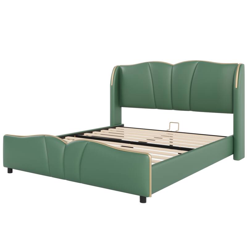 PU Leather Upholstered Bed Wingback Bed, Platform Bed Frame with Wave-Shaped Headboard & Footboard