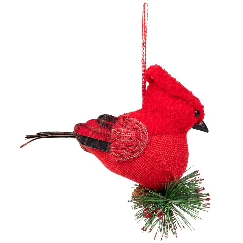 6.5" Red Burlap Cardinal with Pine Needles Berries Christmas Ornament