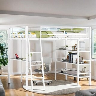 Stylish & Simple Metal Frame Full Size Loft Metal Bed with 3 Layers of Shelves, Whiteboard and Desk, Maximized Space, White