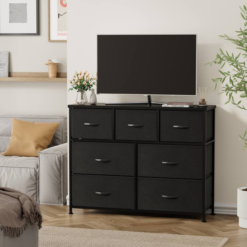Furniwell 7 Drawer Fabric Dresser Chest of Drawer Cabinet, Black