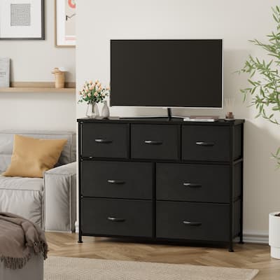 Furniwell 7 Drawer Fabric Dresser Chest of Drawer Cabinet, Black