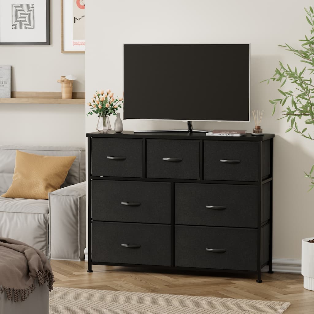 Furniwell 7 Drawer Fabric Dresser Chest of Drawer Cabinet, Black