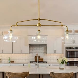 Brass Kitchen Island Light Linear Hanging Chandeliers Dining Room Light Fixture with Clear Glass Shades