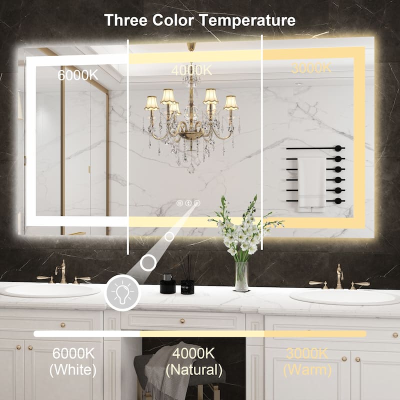 55 in. W x 30 in. H Large Rectangular Frameless Anti-Fog LED Light Wall Mounted Bathroom Vanity Mirror in White