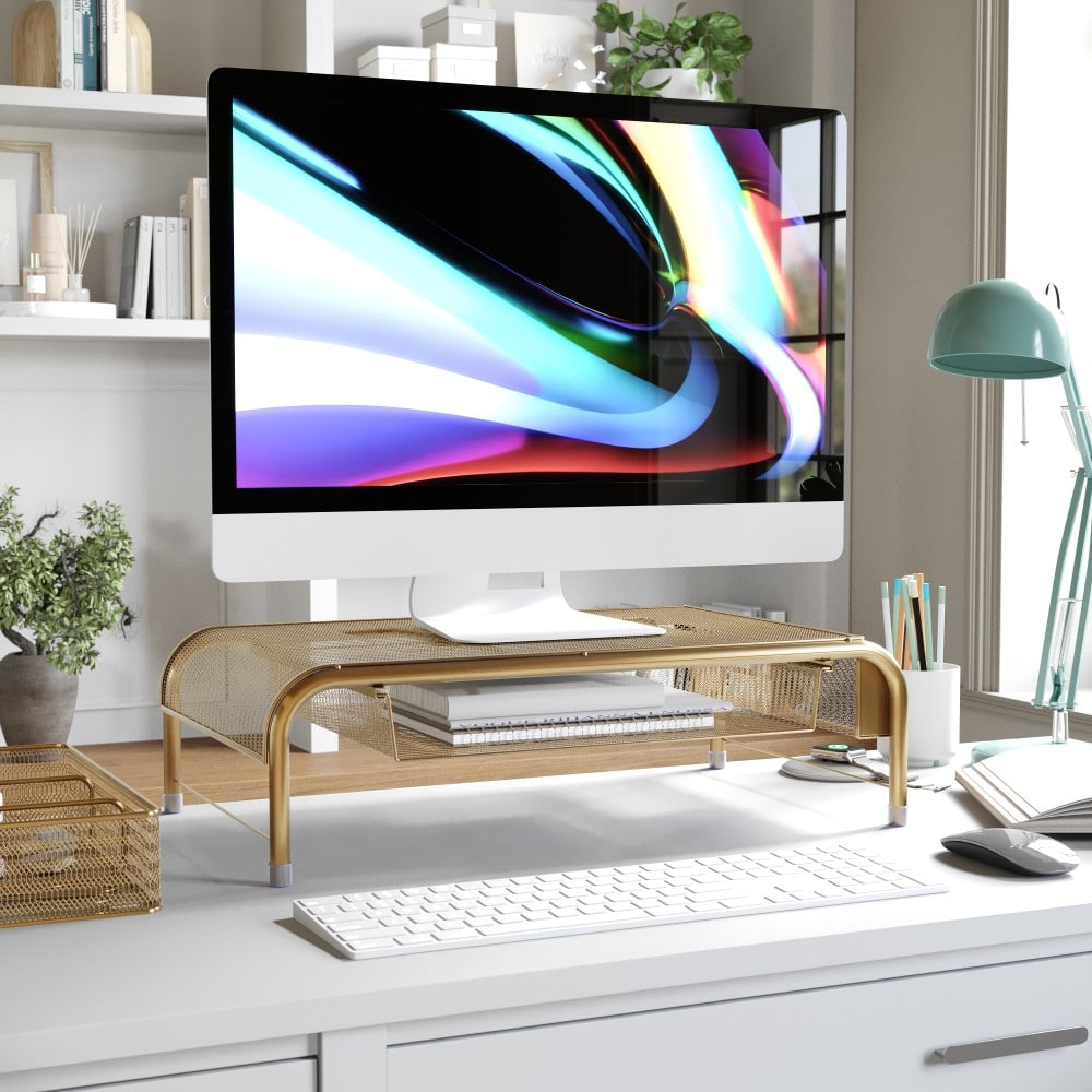 Martha Stewart Premium Mesh Metal Desktop Monitor Riser Stand With Drawer and Storage