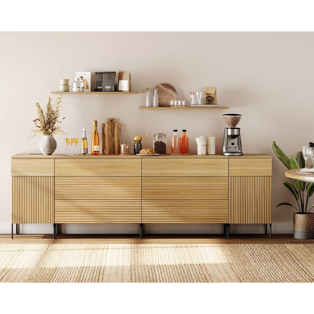 94.5" Wooden Reeded Sideboard With Built-In Charging Station, 4-In-1 Modern Credenza