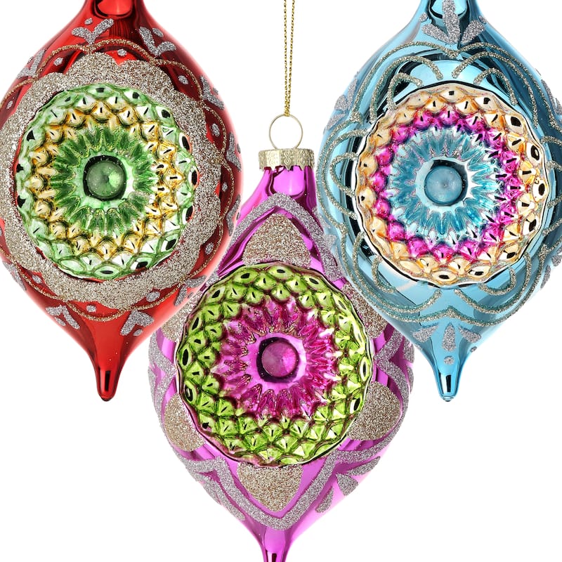 5" Glass Reflector Finial Ornament Set of 3