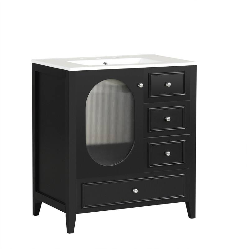 30" Stylish Bathroom Vanity with Sink, Bathroom Storage Cabinet with 3 Drawers, Solid Wood Frame and Glass Door