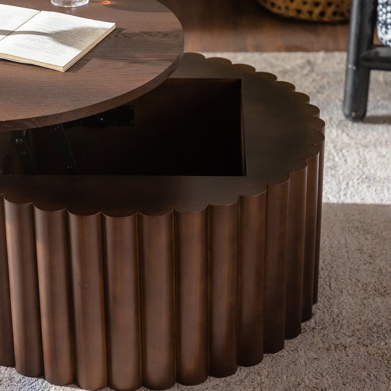 Round Lift Top Coffee Table with Handcrafted Relief, Sturdy Pedestal Base & No Assembly Required