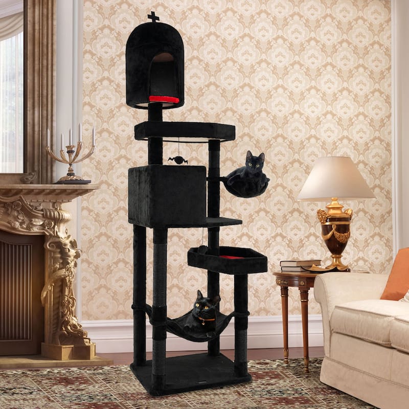 Black Gothic Cat Tree with 2 Cat Condos and Coffin Bed for Indoor Use - 24" x 19.5" x 80"