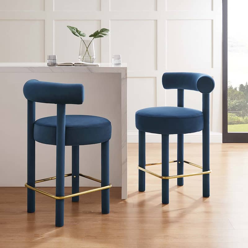 Toulouse Performance Velvet Counter Stool - Set of 2 - Blue - Gold