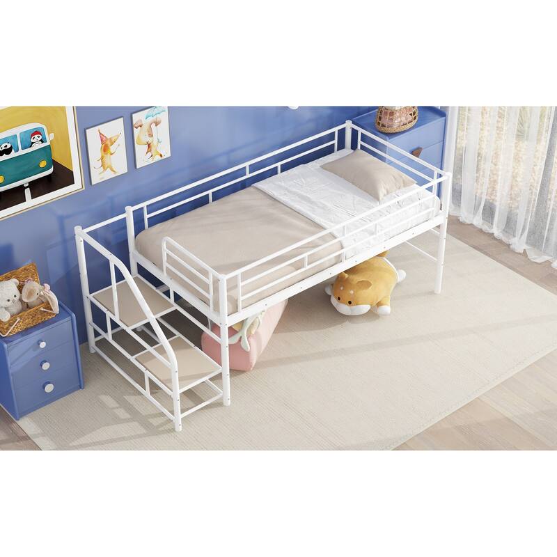 Twin Metal Mid Loft Bed with Storage Stairs