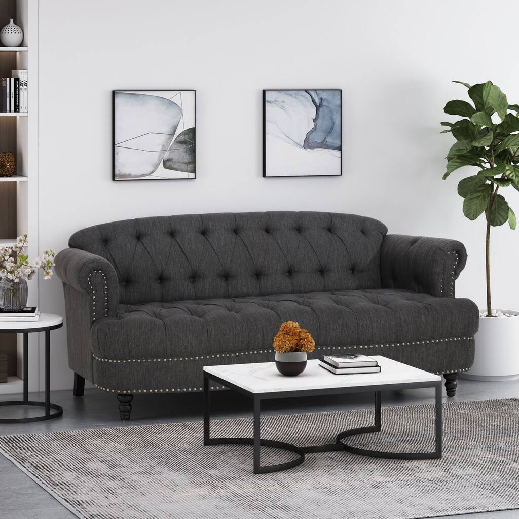 Black 74'' Fabric 3 Seater Sofa Couch with Rivet Accents, Durable Fabric Upholstery, and Spacious Seating for Living Room