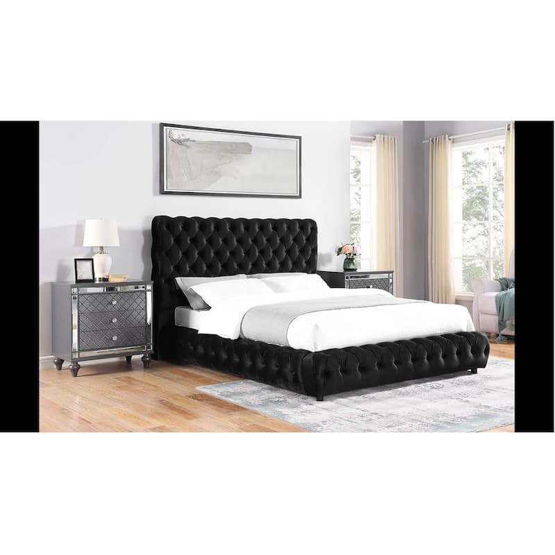 1pc Contemporary Upholstered Queen Bed Tufted Headboard and Footboard Bedroom Furniture Black