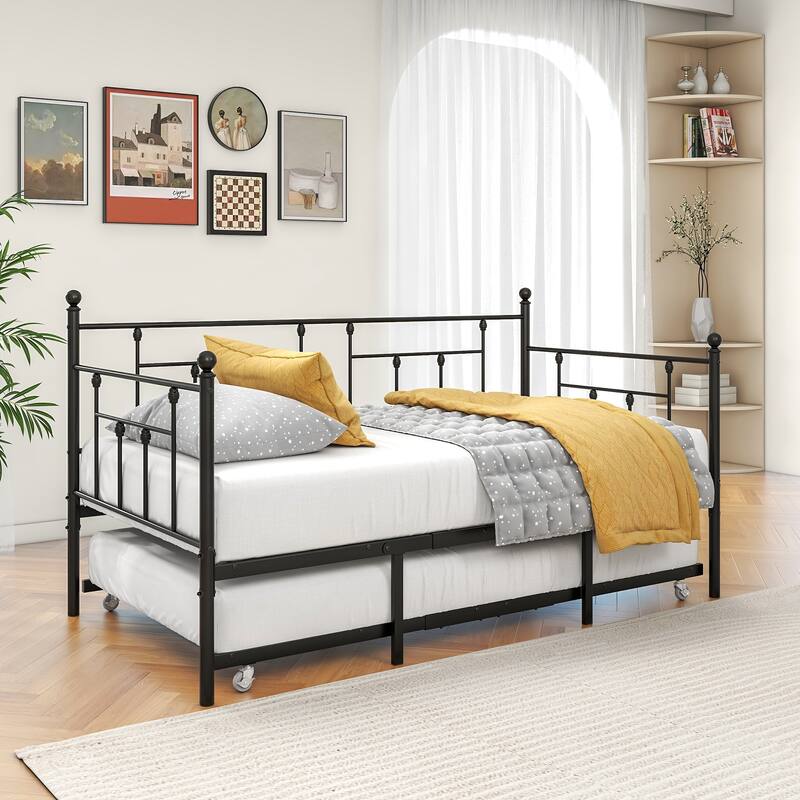 Daybed Metal Frame with Trundle Set, Twin Day Bed Sofa, Daybed and Roll Sofa Bed