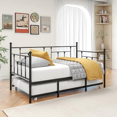 Twin Size Daybed Metal Frame with Trundle Set, Twin Day Bed Sofa, Daybed and Roll Sofa Bed