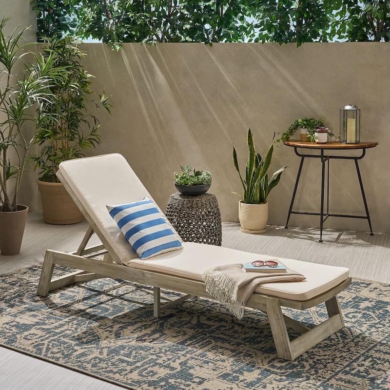 Maki Acacia Wood Chaise Lounge Set by Christopher Knight Home - Light Gray Wash/Cream