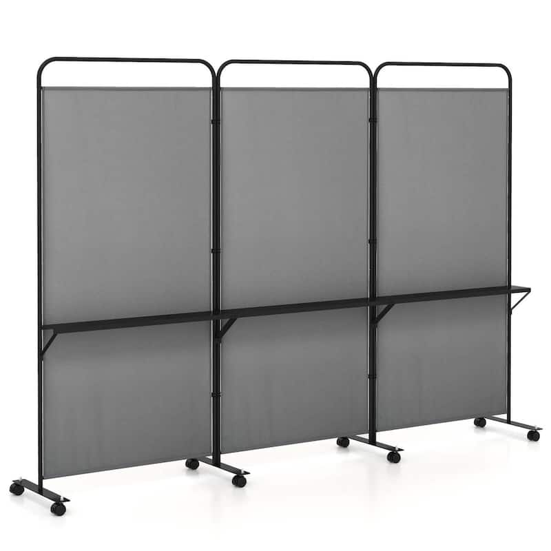 3 Panel Room Divider Folding Privacy Screen w/ Wheels & Shelves - Grey