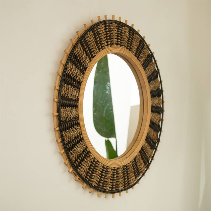 23" Round Bamboo Wall Mirror with Light Yellow & Black Hemp Rope