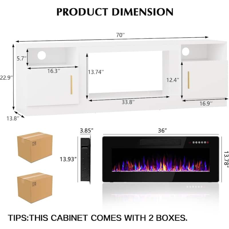 Bossin 70" Fireplace TV Stand with 36" Electric Fireplace, TV Stand for TVs Up to 80", 16 Colors LED Lights/Entertainment Center