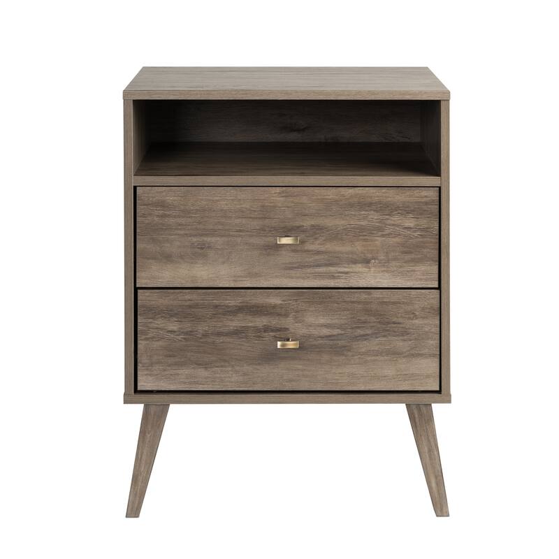 Prepac Milo Mid-Century Modern 2 Drawer Nightstand with Open Shelf, Bedside Table, Contemporary Bedroom Furniture
