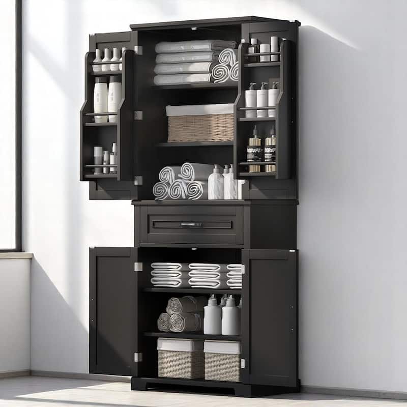 Freestanding White Bathroom Cabinet with Doors, Drawer & Adjustable Shelf, Tall Linen Tower Storage 72'' High