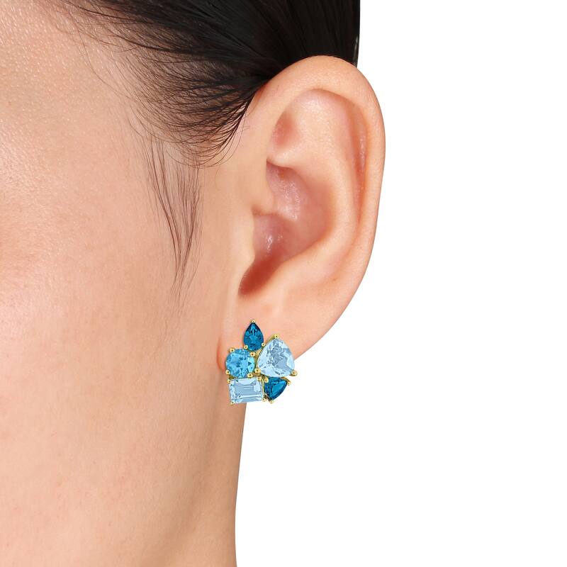 Miadora 10 7/8ct TGW Sky Swiss and London Blue Topaz Cluster Stud Earrings Yellow Silver