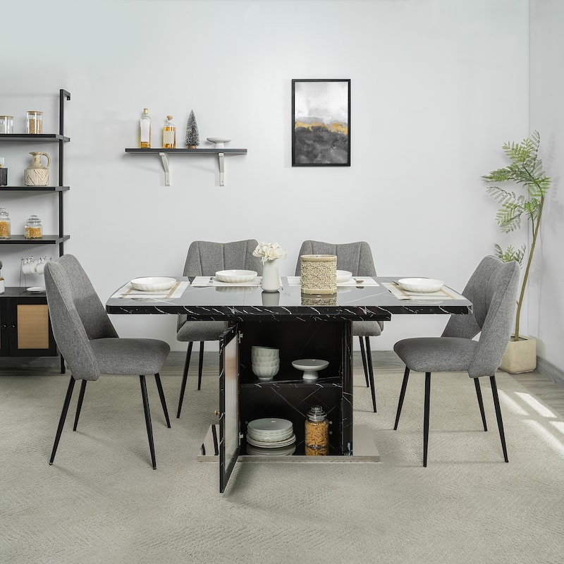 47-63" Modern Extendable Dining Table with Marble Top, Storage Leg & Metal Base
