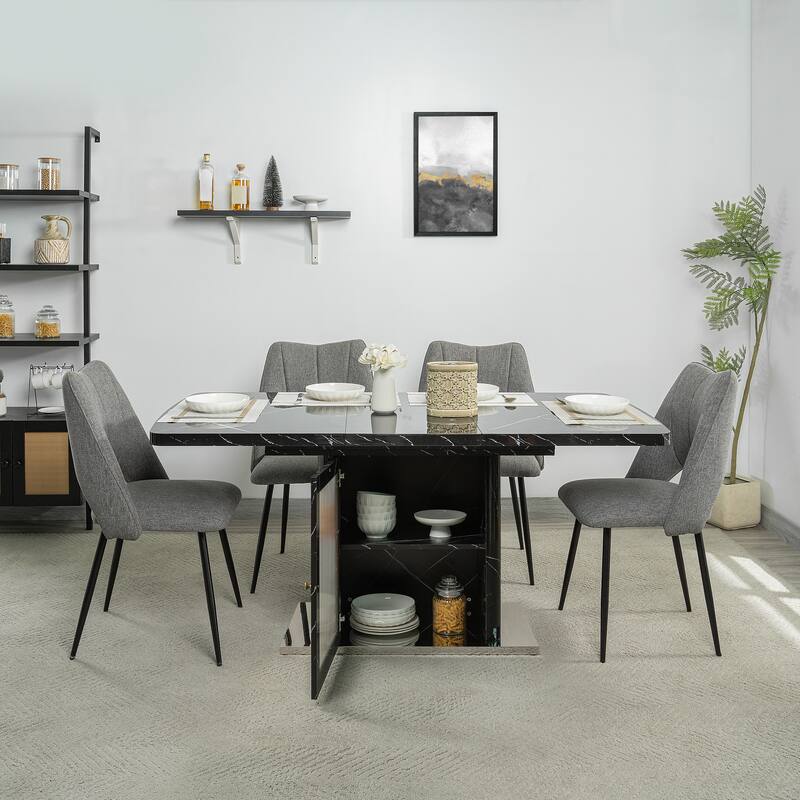 47.24"-63"Modern Rectangle Dining Table, Stretchable, with Printed Black Marble Table Top+Storage Cabinet Table Leg