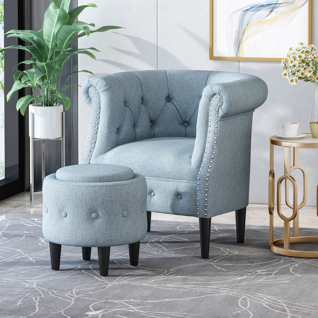 Light Blue 28.25" Button Tufted Chair with Ottoman
