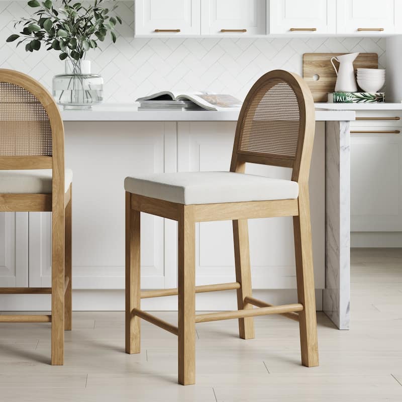 Bailey Boucle Upholstered Rattan Bar Stool or Counter Height Stool with Natural Rattan Woven Back For Kitchen Island - Single - Cream/Light Brown - Counter Height - 23-28 in.