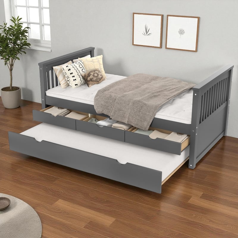 Twin Solid Wood Platform Bed with Drawers and Trundle, Space-Saving Daybed Frame with Storage, No Box Spring Needed