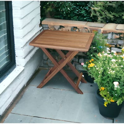 HomeRoots 28" Brown Solid Wood Folding Outdoor Side Table