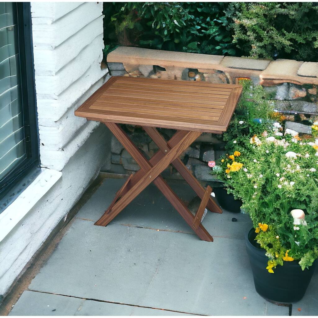 HomeRoots 28" Brown Solid Wood Folding Outdoor Side Table