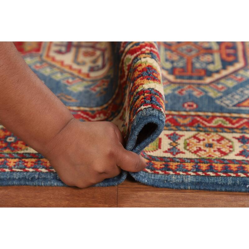 Blue Geometric Kazak Foyer Rug Handmade Bedroom Wool Carpet - 2'7" x 4'1"
